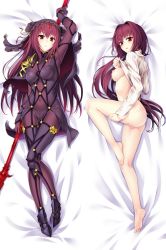 Rule 34 | 1girl, ass, barefoot, blush, bodysuit, bottomless, breasts, cameltoe, capelet, clothes lift, covered erect nipples, covered navel, dakimakura (medium), fate/grand order, fate (series), feet, full body, gae bolg (fate), hair between eyes, hair intakes, hood, legs, long hair, long legs, looking at viewer, looking back, looking to the side, lying, medium breasts, naked sweater, nipples, on back, on side, polearm, purple hair, pussy, red eyes, ribbed sweater, scathach (fate), sideboob, spear, sweater, sweater lift, thighs, uncensored, weapon