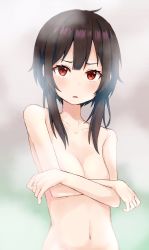 Rule 34 | 1girl, blush, breasts, brown hair, collarbone, commentary request, completely nude, covering privates, crossed arms, grey background, highres, kiona (giraffe kiona), kono subarashii sekai ni shukufuku wo!, looking at viewer, megumin, navel, nude, open mouth, red eyes, sidelocks, small breasts, solo, standing, steam, upper body