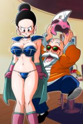 Rule 34 | 1girl, absurdres, age difference, angry, armor, bald, beard, bikini, bikini armor, black hair, blue armor, blue bikini, blue choker, blush, boots, breasts, cape, chi-chi (dragon ball), choker, dragon ball, dragon ball (classic), ear piercing, earrings, facial hair, facing viewer, fruit bowl, gloves, green cape, helmet, highres, house, indoors, jewelry, large breasts, mature female, mustache, muten roushi, navel, old, old man, open mouth, piercing, pink earrings, pink gloves, shiny clothes, shiny skin, smile, sunglasses, swimsuit, yamamoto doujin