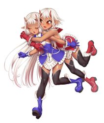 Rule 34 | 2girls, bare legs, bare shoulders, blush, boots, breasts, brown eyes, closed eyes, curvy, dark-skinned female, dark skin, demon girl, dress, female focus, gloves, grabbing, happy, highres, horns, hug, legs up, lilith-soft, long hair, looking at viewer, looking back, multiple girls, oni horns, open mouth, pointy ears, shiny skin, short hair, siblings, simple background, sisters, skirt, small breasts, smile, sophie (taimanin asagi), taimanin (series), taimanin asagi, take your pick, twins, very long hair, walking, white background, white hair, yuphie (taimanin asagi), zol