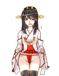 Rule 34 | 10s, 1girl, bare shoulders, black hair, blush, clothes lift, cowboy shot, detached sleeves, embarrassed, frilled skirt, frills, fundoshi, hair ornament, hairband, hairclip, haruna (kancolle), headgear, japanese clothes, kantai collection, long hair, nontraditional miko, pleated skirt, poco (backboa), red eyes, red skirt, ribbon-trimmed sleeves, ribbon trim, simple background, skirt, skirt lift, solo, thighhighs, wavy mouth, white background