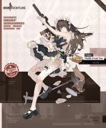 Rule 34 | 1girl, apron, arm up, assault rifle, bag, black dress, black footwear, bonnet, breasts, bridal garter, broken, broken cup, broken table, brown background, brown bag, brown eyes, brown hair, character name, cleavage, closed mouth, commentary, copyright name, dress, english commentary, english text, full body, girls&#039; frontline, green hair, green necktie, gun, handbag, highres, holding, holding gun, holding weapon, long hair, looking at viewer, m4 carbine, m4a1 (fluffy fruit tea) (girls&#039; frontline), m4a1 (girls&#039; frontline), maid, maid apron, mary janes, multicolored background, multicolored hair, necktie, official alternate costume, official art, pantyhose, promotional art, puffy sleeves, rifle, second-party source, serious, shoes, simple background, solo, streaked hair, table, torn apron, torn clothes, torn dress, torn necktie, torn pantyhose, torn straps, tray, umo (mica team), weapon, white apron, white background, white pantyhose