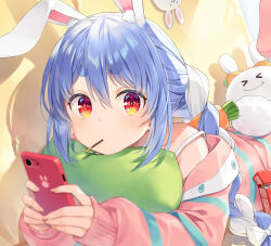 Rule 34 | &gt; &lt;, 1girl, :3, animal ear fluff, animal ears, blue hair, braid, carrot hair ornament, commentary request, don-chan (usada pekora), food, food-themed hair ornament, food in mouth, hair ornament, highres, hikimayu, holding, holding phone, hololive, hugging object, jacket, long hair, looking at viewer, loungewear, lying, multicolored hair, on stomach, parted hair, partially unbuttoned, pekomon (usada pekora), phone, pillow, pillow hug, pink jacket, pink socks, pocky, pocky in mouth, rabbit-shaped pupils, rabbit ears, rabbit girl, rabbit tail, red eyes, short eyebrows, sidelocks, single off shoulder, sleeves past wrists, socks, solo, spaghetti strap, symbol-shaped pupils, tail, thick eyebrows, twin braids, two-tone hair, usada pekora, virtual youtuber, white hair, yuuki hagure