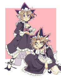 Rule 34 | 2boys, alternate costume, black hair, blonde hair, blush, commentary request, crossdressing, enmaided, hand on own face, highres, looking at viewer, maid, maid headdress, male focus, medium hair, multicolored hair, multiple boys, purple eyes, purple hair, shi (shooo ttt), squatting, thighhighs, white thighhighs, yu-gi-oh!, yu-gi-oh! duel monsters
