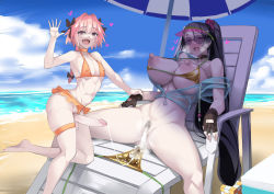 Rule 34 | 1boy, 1girl, aftersex, astolfo (fate), barefoot, beach, bikini, bikini top only, black hair, blush, bottomless, braid, breasts, breasts out, chair, choker, crossdressing, cum, cum in pussy, cum string, cumdrip, cumdrip onto panties, erection, exhibitionism, fang, fate/apocrypha, fate/grand order, fate (series), female pubic hair, fingerless gloves, foreskin, frilled bikini, frills, gloves, hair ornament, heart, heavy breathing, ky., large breasts, minamoto no raikou (fate), nipple slip, nipples, ocean, panties, parasol, parted bangs, parted lips, penis, perky breasts, pink hair, pubic hair, public indecency, pussy, ribbon, rope, sand, see-through, see-through shirt, sitting, skin fang, spoken heart, spread legs, sunglasses, swimsuit, testicles, third-party edit, toned, toned male, trap, trap on female, umbrella, uncensored, underwear, undressing, visor cap, water