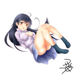 Rule 34 | 1girl, alternate costume, aran sweater, black hair, blouse, blue skirt, blush, cable knit, feet, kantai collection, long hair, long sleeves, no shoes, open mouth, pink shirt, shirt, signature, simple background, skirt, socks, solo, sweater, ushio (kancolle), white background, yellow eyes, yua (checkmate)