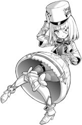 Rule 34 | 1girl, arm up, armored boots, azur lane, azur lane: slow ahead, blunt bangs, blush, bodystocking, bodysuit, bodysuit under clothes, boots, bow, breasts, capelet, closed mouth, commentary, dress, eyepatch, flower eyepatch, full body, gauntlets, greyscale, hand on headwear, hand up, hat, high heel boots, high heels, highres, hori (hori no su), kepi, knees together feet apart, le terrible (azur lane), long sleeves, looking at viewer, medium hair, military hat, monochrome, official art, one eye covered, pantyhose, parted lips, ribbon, simple background, small breasts, smile, solo, vambraces, white background