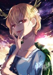 Rule 34 | 1girl, antlers, blonde hair, blue shirt, dragon girl, dragon horns, green scales, highres, horns, katayama kei, kicchou yachie, looking at viewer, open mouth, red eyes, scales, shirt, short hair, smile, solo, square neckline, touhou, turtle shell, yellow horns