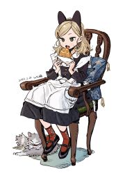 Rule 34 | 1girl, animal ear hairband, animal ears, apron, black dress, blonde hair, buttons, cat, cat ear hairband, cat ears, chair, collar, collared dress, commentary, dated, dress, eating, fake animal ears, food, full body, fusuma (nohbrk), green eyes, hair ornament, hairband, hairclip, highres, holding, holding food, imminent bite, light blush, long sleeves, mary janes, medium hair, messy hair, on chair, open mouth, original, parted hair, pillow, red socks, shoes, signature, simple background, sitting, socks, solo, taiyaki, wagashi, white apron, white background, white collar, wooden chair