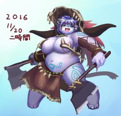 Rule 34 | 1girl, belly, blue hair, breasts, dog, fat, female focus, furry, furry female, green eyes, large breasts, long hair, ni jikan, open mouth, solo
