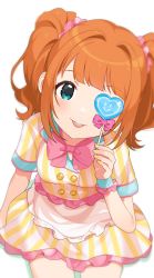 Rule 34 | 1girl, :p, apron, blue eyes, blue tongue, bow, candy, colored tongue, food, hair ornament, hair scrunchie, heart, heart-shaped lollipop, highres, holding, holding candy, holding food, holding lollipop, idolmaster, idolmaster (classic), idolmaster million live!, idolmaster million live! theater days, inuyama nanami, lollipop, looking at viewer, miniskirt, one eye covered, orange hair, pink bow, scrunchie, shaped lollipop, shirt, short sleeves, simple background, sitting, skirt, smile, solo, striped clothes, striped shirt, takatsuki yayoi, tongue, tongue out, twintails, waist apron, white apron, white background