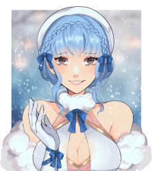 Rule 34 | 1girl, beret, blue bow, blue hair, border, bow, braid, breasts, cleavage, cleavage cutout, clothing cutout, collarbone, crown braid, dress, fire emblem, fire emblem: three houses, gloves, hair bow, halter dress, halterneck, hat, highres, itsaboutspoons, looking at viewer, marianne von edmund, nervous, nintendo, open hand, outside border, portrait, smile, snowing, solo, straight-on, upper body, white border, white dress, white gloves, white hat, wrist bow