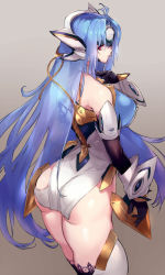 Rule 34 | 1girl, android, ass, blue hair, breasts, forehead protector, from behind, gloves, kos-mos, large breasts, long hair, looking at viewer, looking back, negresco, shiny skin, simple background, solo, standing, thighhighs, xenosaga