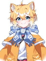 Rule 34 | 1boy, ahoge, animal ear fluff, animal ears, blonde hair, blue scarf, fringe trim, highres, jacket, japanese clothes, kim tosyeo, kimono, looking at viewer, male focus, multicolored hair, open clothes, open jacket, orange jacket, scarf, simple background, solo, thick eyebrows, tongkkangi, tosyeo, two-tone hair, upper body, white background, white hair, white kimono