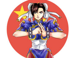 Rule 34 | 1girl, blue dress, bracelet, brown eyes, brown hair, bun cover, capcom, china, china dress, chinese clothes, chun-li, dress, jewelry, lipstick, makeup, outline, penzoom, short hair, spiked bracelet, spikes, street fighter