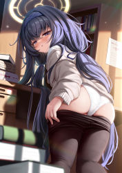 Rule 34 | 1girl, absurdres, ass, black pantyhose, blue archive, blue hair, blush, book, book stack, bookshelf, cardigan, commentary request, crossed bangs, desk, grey cardigan, greyscale, hair between eyes, hairband, halo, highres, kokuto (kurousagi1210), long hair, long sleeves, looking at viewer, looking back, monochrome, panties, pantyhose, parted lips, solo, sunlight, ui (blue archive), underwear, undressing, very long hair, white panties