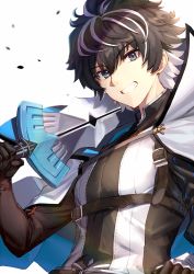 Rule 34 | 1boy, black gloves, black hair, blue eyes, cape, charlemagne (fate), fate/extella, fate/extella link, fate/extra, fate/grand order, fate (series), gloves, grin, highres, holding, holding sword, holding weapon, male focus, multicolored hair, ninoude (ninoude44), over shoulder, smile, sword, two-tone hair, weapon, weapon over shoulder, white background, white hair