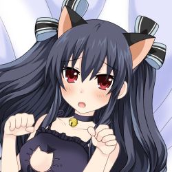Rule 34 | 1girl, animal ears, bare shoulders, bikini, black hair, breasts, cat, cat ears, cat girl, choker, cleavage, cleavage cutout, clothing cutout, collar, ears, long hair, nel 6108, neptune (series), open mouth, red eyes, small breasts, swimsuit, tsundere, twintails, uni (neptunia), upper body