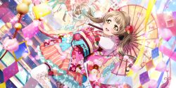 Rule 34 | 1girl, absurdres, blush, bow, brown hair, flower, frilled kimono, frilled sleeves, frills, fur collar, hair bow, hair flower, hair ornament, highres, holding, holding umbrella, japanese clothes, kimono, long hair, long sleeves, looking at viewer, love live!, love live! school idol festival all stars, minami kotori, obi, official art, oil-paper umbrella, open mouth, pinching sleeves, sash, smile, solo, standing, standing on one leg, tassel, thighhighs, twintails, umbrella, very long hair, wide sleeves, yellow eyes