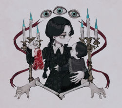 Rule 34 | 1girl, addams family, baby, bags under eyes, black hair, bone, braid, candelabra, candle, candlestand, dress, food, gender request, highres, holding baby, meat, pale skin, parted bangs, raw meat, sato uzura, thing (addams family), twin braids, wednesday addams