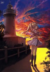 Rule 34 | 1girl, black socks, blonde hair, bug, building, butterfly, cloud, copyright name, green eyes, hair ornament, highres, holding, insect, key (company), kneehighs, lighthouse, loafers, long hair, miniskirt, nagayama yuunon, official art, outdoors, plant, ribbon, scenery, school uniform, serafuku, shoes, skirt, sky, socks, solo, standing, summer pockets, sunset, sweater vest, tsumugi wenders, twintails, wind, x hair ornament