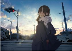 Rule 34 | 1girl, bag, bag charm, blue sky, blush, breath, brown eyes, brown hair, charm (object), city, cloud, coat, commentary request, hands in pockets, highres, house, long sleeves, looking at viewer, looking back, morifumi, original, outdoors, power lines, scarf, shoulder bag, sky, snow, solo, standing, traffic light, utility pole, white scarf, winter