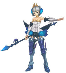 Rule 34 | 1girl, armor, armored dress, bare shoulders, boots, breasts, choker, cleavage, crown, dress, elbow gloves, full body, gloves, gwendolyn (odin sphere), hat, masn (moxi), medium breasts, odin sphere, polearm, purple eyes, short hair, solo, spear, standing, strapless, strapless dress, thigh boots, thighhighs, weapon, white background, white hair, wings