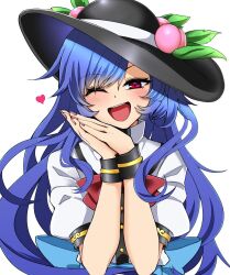 Rule 34 | 1girl, aqua bow, black hat, black wrist cuffs, blue hair, blush, bow, bowtie, collared shirt, commentary, food, fruit, hat, hat ribbon, heart, highres, hinanawi tenshi, long hair, one eye closed, open mouth, own hands together, peach, peach hat ornament, pink nails, puffy short sleeves, puffy sleeves, red bow, red bowtie, red eyes, ribbon, rihito (usazukin), shirt, short sleeves, simple background, solo, teeth, tongue, touhou, upper body, upper teeth only, waist bow, white background, white ribbon, white shirt, wrist cuffs