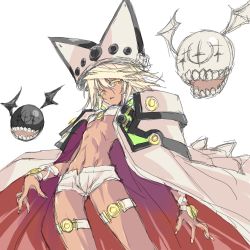 Rule 34 | 1girl, bad id, bad pixiv id, belt bra, blonde hair, breasts, cape, colored eyelashes, cowboy shot, creature, dark-skinned female, dark skin, familiar, fingernails, guilty gear, guilty gear xrd, hat, legband, long hair, looking at viewer, midriff, nanase aoi, navel, orange eyes, parted lips, ramlethal valentine, short shorts, shorts, simple background, small breasts, solo, underboob, white background