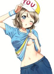 Rule 34 | 1girl, absurdres, adjusting clothes, adjusting headwear, arm up, baseball cap, blue eyes, blue pants, blush, bow, bowtie, bra, breasts, clothes lift, collarbone, grey hair, hair between eyes, hand on own chest, hat, highres, lifting own clothes, light brown hair, lips, love live!, love live! sunshine!!, medium breasts, navel, one eye closed, open mouth, pants, sankuro (agoitei), scan, shiny skin, shirt, shirt lift, short hair, short sleeves, simple background, solo, stomach, sweat, sweatdrop, t-shirt, underboob, underwear, watanabe you, white background, white bra, wristband