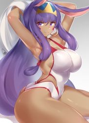 Rule 34 | 1girl, animal ears, armpits, arms up, ass, backless outfit, bad id, bad twitter id, bare shoulders, bed sheet, blunt bangs, breasts, cleavage, collarbone, commentary request, dark-skinned female, dark skin, earrings, facepaint, fate/grand order, fate (series), gradient background, grey background, hair between eyes, hair tubes, hairband, hip focus, hoop earrings, jewelry, large breasts, long hair, looking at viewer, looking to the side, nitocris (fate), nitocris (fate/grand order), nitocris (swimsuit assassin) (fate), nitocris (swimsuit assassin) (second ascension) (fate), one-piece swimsuit, pokoten (pokoten718), purple eyes, purple hair, rabbit ears, sidelocks, sitting, smile, solo, swimsuit, thick thighs, thighs, very long hair, white one-piece swimsuit