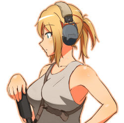 Rule 34 | 1girl, ar-15, bad id, bad pixiv id, between breasts, blonde hair, breasts, commentary, genso, gun, gun sling, headset, looking away, original, rifle, short ponytail, sling (weapon), solo, strap between breasts, sweatdrop, weapon, white background