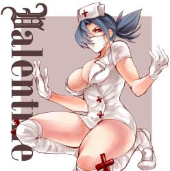 Rule 34 | 1girl, absurdres, blue hair, breasts, character name, cleavage, eyepatch, full body, gloves, grey background, hair over one eye, hat, highres, kneeling, large breasts, latex, latex gloves, leg wrap, looking to the side, mask, mouth mask, nurse cap, ponytail, red eyes, saichuu (more1208), skullgirls, solo, surgical mask, thick thighs, thighs, valentine (skullgirls)