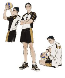Rule 34 | 1boy, akaashi keiji, arms up, bag, ball, black eyes, black footwear, black hair, black shorts, chengongzi123, chinese commentary, closed mouth, commentary request, cropped legs, crossed arms, full body, haikyuu!!, highres, holding, holding bag, holding ball, jacket, looking at viewer, looking back, male focus, multiple views, playing sports, shoes, short hair, shorts, simple background, sitting, sneakers, socks, sportswear, standing, very short hair, volleyball, volleyball (object), volleyball uniform, white background, white socks