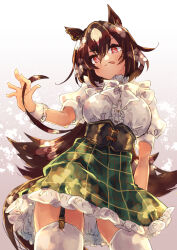 Rule 34 | 1girl, animal ears, bow, breasts, brown hair, closed mouth, commentary request, cowboy shot, ear ornament, garter straps, green skirt, hair between eyes, highres, horse ears, horse girl, horse tail, large breasts, long hair, looking at viewer, mihasame, multicolored hair, plaid, plaid skirt, puffy short sleeves, puffy sleeves, red eyes, scrunchie, shirt, short sleeves, sirius symboli (umamusume), skirt, solo, streaked hair, tail, thighhighs, tongue, tongue out, umamusume, very long hair, white bow, white hair, white shirt, white thighhighs, wrist scrunchie