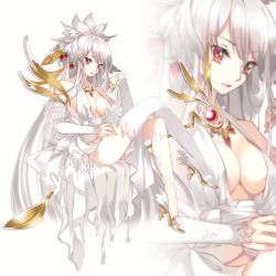 Rule 34 | 1girl, absurdres, ass, bare shoulders, breasts, cleavage, crossed legs, detached sleeves, hair ornament, high heels, highres, jewelry, long hair, necklace, original, red eyes, sitting, solo, thighhighs, very long hair, vilor, white hair, white thighhighs, zoom layer