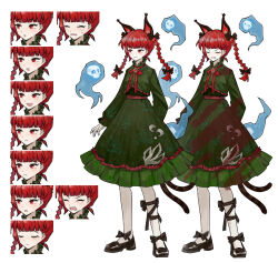 Rule 34 | 1girl, animal ears, as-zero, black bow, black footwear, blood, blood on clothes, bow, braid, cat ears, cat girl, cat tail, dress, expressions, extra ears, frilled dress, frills, full body, green dress, green jacket, hair bow, hitodama, jacket, kaenbyou rin, library of ruina, long sleeves, multiple views, nekomata, pantyhose, project moon, red hair, red ribbon, ribbon, shoes, simple background, tail, touhou, twin braids, white background, white pantyhose