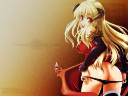Rule 34 | 1girl, :p, ass, blonde hair, blush, breasts, cameltoe, covered erect nipples, demon girl, english text, horns, jewelry, bridal garter, medium breasts, panties, panty pull, ragnarok online, red eyes, ring, solo, succubus (ragnarok online), tongue, tongue out, underwear, wallpaper, wings