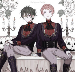 Rule 34 | 2boys, absurdres, aqua eyes, ascot, boots, candle, candlestand, commentary request, crossed legs, english text, ensemble stars!, fingernails, flower, green hair, hair between eyes, hand on own knee, heterochromia, highres, itsuki shu, kagehira mika, leaf, long sleeves, looking at viewer, male focus, multiple boys, parted lips, pink hair, pumpkin, purple eyes, shoelaces, short bangs, short hair, sitting, valkyrie (ensemble stars!), wednesday 108, white flower, yellow eyes