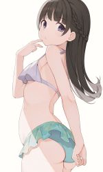Rule 34 | 1girl, arms behind back, ass, back, belly, bikini, blush, braid, breasts, brown hair, closed mouth, frilled swimsuit, frills, hand on own face, hand up, highres, hiroki (yyqw7151), long hair, looking at viewer, looking back, mismatched bikini, original, purple eyes, simple background, small breasts, swimsuit, swimsuit skirt, thighs, white background