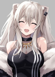 Rule 34 | 1girl, :d, ^ ^, ahoge, animal ear fluff, animal ears, bare shoulders, black jacket, black shirt, breasts, cleavage, closed eyes, ear piercing, facing viewer, fur-trimmed jacket, fur trim, grey hair, hair between eyes, highres, hololive, jacket, jacket partially removed, jewelry, large breasts, light blush, lion ears, lion girl, long hair, messy hair, necklace, niuru (texg8435), off shoulder, open mouth, piercing, see-through, see-through cleavage, shirt, shishiro botan, shishiro botan (1st costume), sidelocks, skin tight, sleeveless, sleeveless shirt, smile, solo, taut clothes, taut shirt, two side up, virtual youtuber