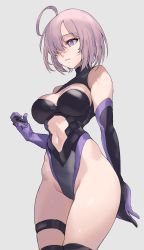 Rule 34 | 1girl, absurdres, ahoge, arm behind back, bare shoulders, breasts, closed mouth, clothing cutout, elbow gloves, fate/grand order, fate (series), gloves, grey background, hair over one eye, hand up, highleg, highleg leotard, highres, leotard, mash kyrielight, medium breasts, navel, navel cutout, pink hair, purple eyes, shiny skin, short hair, simple background, skin tight, sleeveless, solo, thigh strap, thighhighs, thighs, zerocat