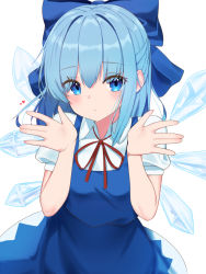 Rule 34 | 1girl, bad id, bad pixiv id, blue bow, blue dress, blue eyes, blue hair, bow, cirno, collared shirt, dress, hair between eyes, hair bow, hands up, highres, ice, ice wings, long hair, neck ribbon, puffy short sleeves, puffy sleeves, red ribbon, ribbon, shirt, short sleeves, simple background, sleeveless, sleeveless dress, solo, touhou, upper body, w.k, white background, white shirt, wings