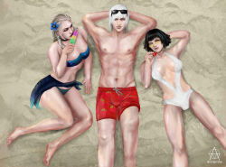 Rule 34 | 1boy, 2girls, artist name, beach, bikini, black hair, blonde hair, breasts, dante (devil may cry), devil may cry (series), flower, flower on head, food, fruit, lady (devil may cry), legs, multiple girls, popsicle, strawberry, sunglasses on head, swimsuit, trish (devil may cry)