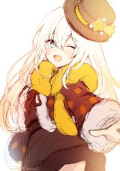 Rule 34 | 1girl, ;d, blue eyes, blush, brown hat, brown jacket, brown ribbon, brown skirt, copyright request, fukunoki tokuwa, fur-trimmed jacket, fur-trimmed skirt, fur-trimmed sleeves, fur collar, fur trim, hair between eyes, hat, hat ornament, highres, jacket, long hair, long sleeves, one eye closed, open mouth, outstretched arm, ribbon, simple background, sketch, skirt, smile, solo, star (symbol), star hat ornament, tilted headwear, twitter username, very long hair, white background, white hair