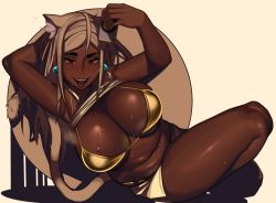 Rule 34 | 1girl, animal ear fluff, animal ears, beer can, bikini, breasts, can, cat ears, cat girl, commission, curvy, dark-skinned female, dark skin, drink can, drunk, gold bikini, highres, huge breasts, kevbot, looking at viewer, naughty face, original, ponytail, ponytail cat girl (kevbot), red eyes, smile, squeans, sweat, sweatdrop, swimsuit, thick thighs, thighs