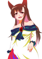 Rule 34 | 1girl, animal ears, bare shoulders, breasts, brooch, brown hair, cleavage, clothes lift, dress, fangs, fingernails, highres, imaizumi kagerou, jewelry, large breasts, layered dress, long fingernails, long hair, long skirt, long sleeves, long toenails, looking at viewer, nail polish, open mouth, red eyes, red nails, sharp fingernails, simple background, skirt, skirt lift, solo, toenails, touhou, very long hair, white background, wolf ears, yocchi (tenyunkel)