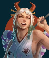 Rule 34 | 1girl, aqua hair, bare shoulders, club, club (weapon), commentary, curled horns, earrings, english commentary, hair ornament, hair stick, highres, holding, holding weapon, hoop earrings, horns, jewelry, kadarts, kanabou, long hair, looking at viewer, multicolored hair, one piece, oni, open mouth, rope, shimenawa, sleeveless, smile, solo, two-tone hair, weapon, white hair, yamato (one piece)