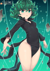 Rule 34 | 1girl, black dress, breasts, clothes between thighs, collarbone, commentary request, curly hair, dress, flipped hair, green eyes, green hair, groin, hair between eyes, lo xueming, long sleeves, looking at viewer, no panties, one-punch man, parted lips, patreon username, pelvic curtain, small breasts, solo, tatsumaki, telekinesis