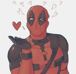 1boy animification blowing_kiss bodysuit commentary deadpool deadpool_&amp;_wolverine deadpool_(series) gloves hand_up heart highres implied_yaoi male_focus marvel marvel_cinematic_universe mask millanyy puckered_lips red_bodysuit superhero_costume symbol-only_commentary two-tone_bodysuit